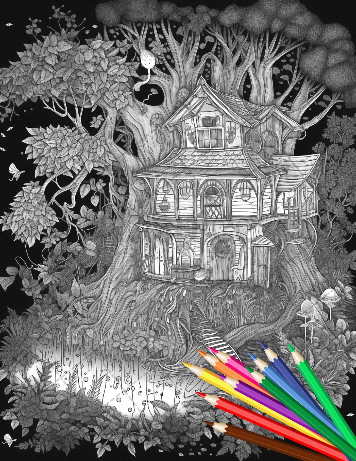 30 Fantasy Fairy Houses Coloring Page Book, Printable Adult Coloring Pages, Enchanted Fairy Home Grayscale Coloring Book, Printable PDF File