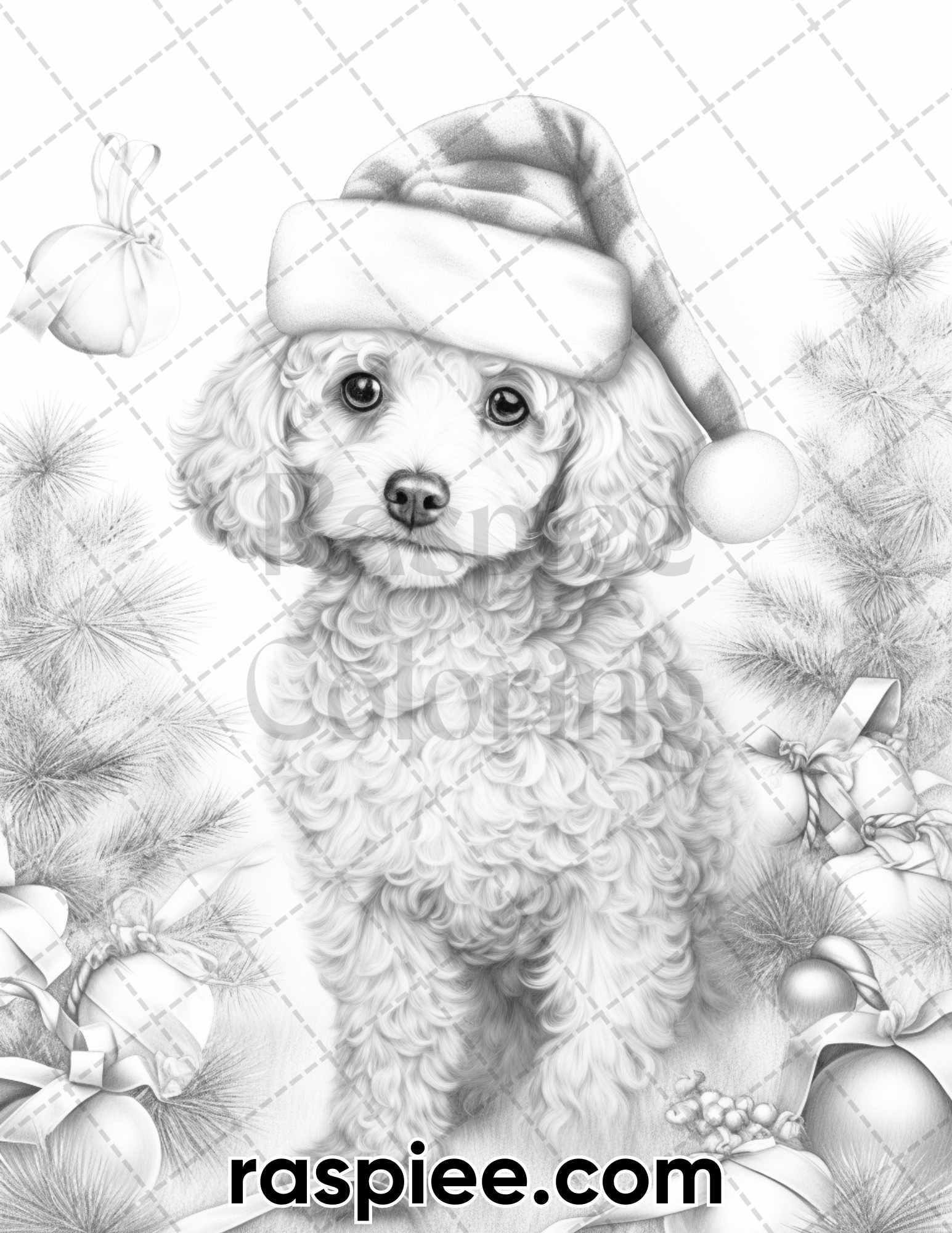 45 Christmas Dogs Grayscale Coloring Pages for Adults, Printable PDF Instant Download