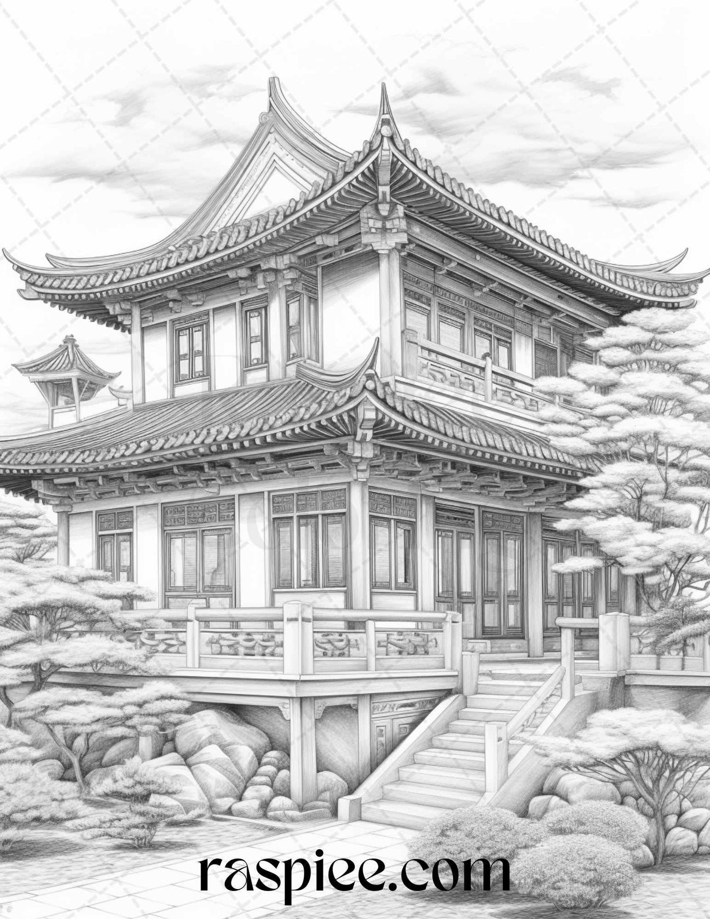 40 Traditional Chinese Houses Grayscale Coloring Pages Printable for Adults, PDF File Instant Download