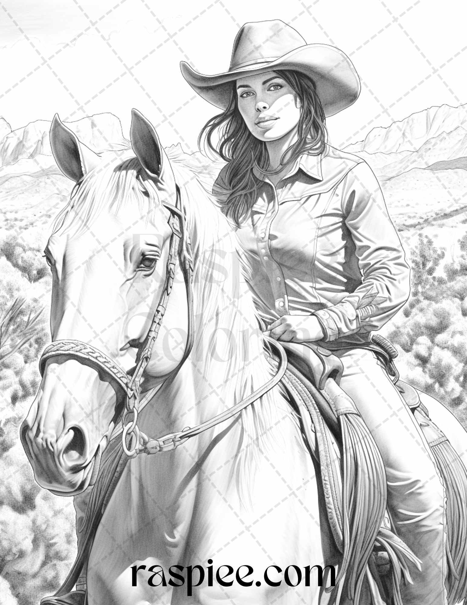 40 Beautiful Cowgirls Grayscale Coloring Pages Printable for Adults, PDF File Instant Download