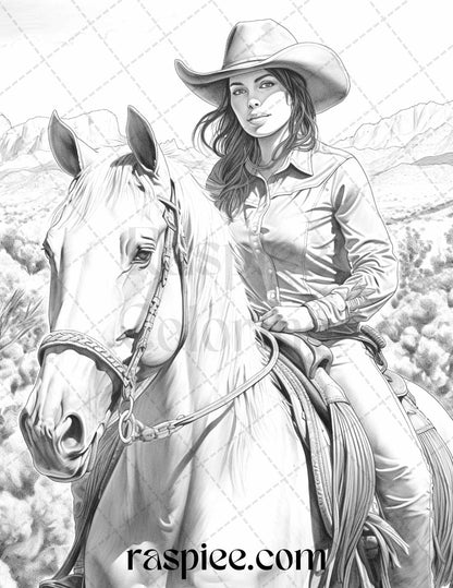 40 Beautiful Cowgirls Grayscale Coloring Pages Printable for Adults, PDF File Instant Download