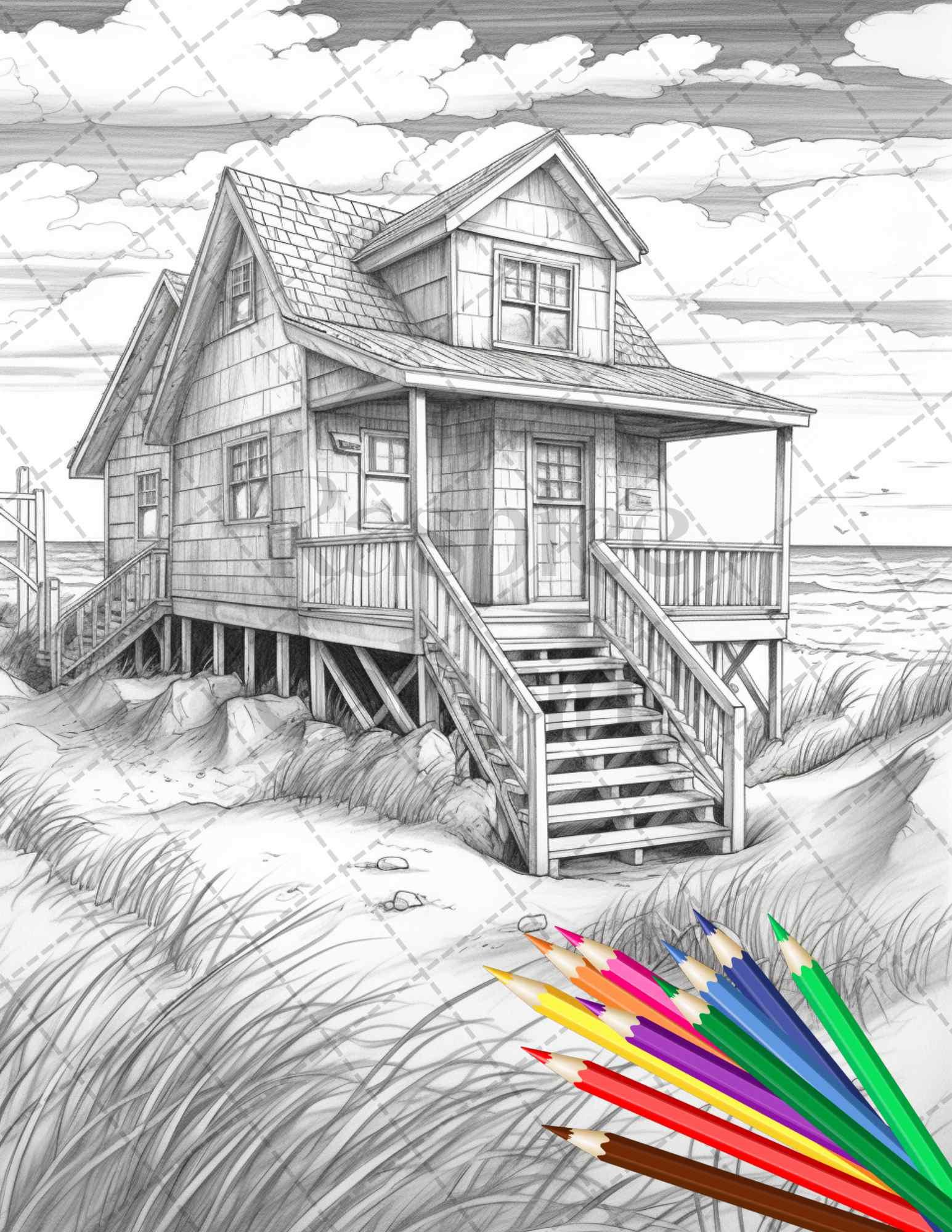 42 Wooden Beach Houses Grayscale Coloring Pages Printable for Adults, PDF File Instant Download