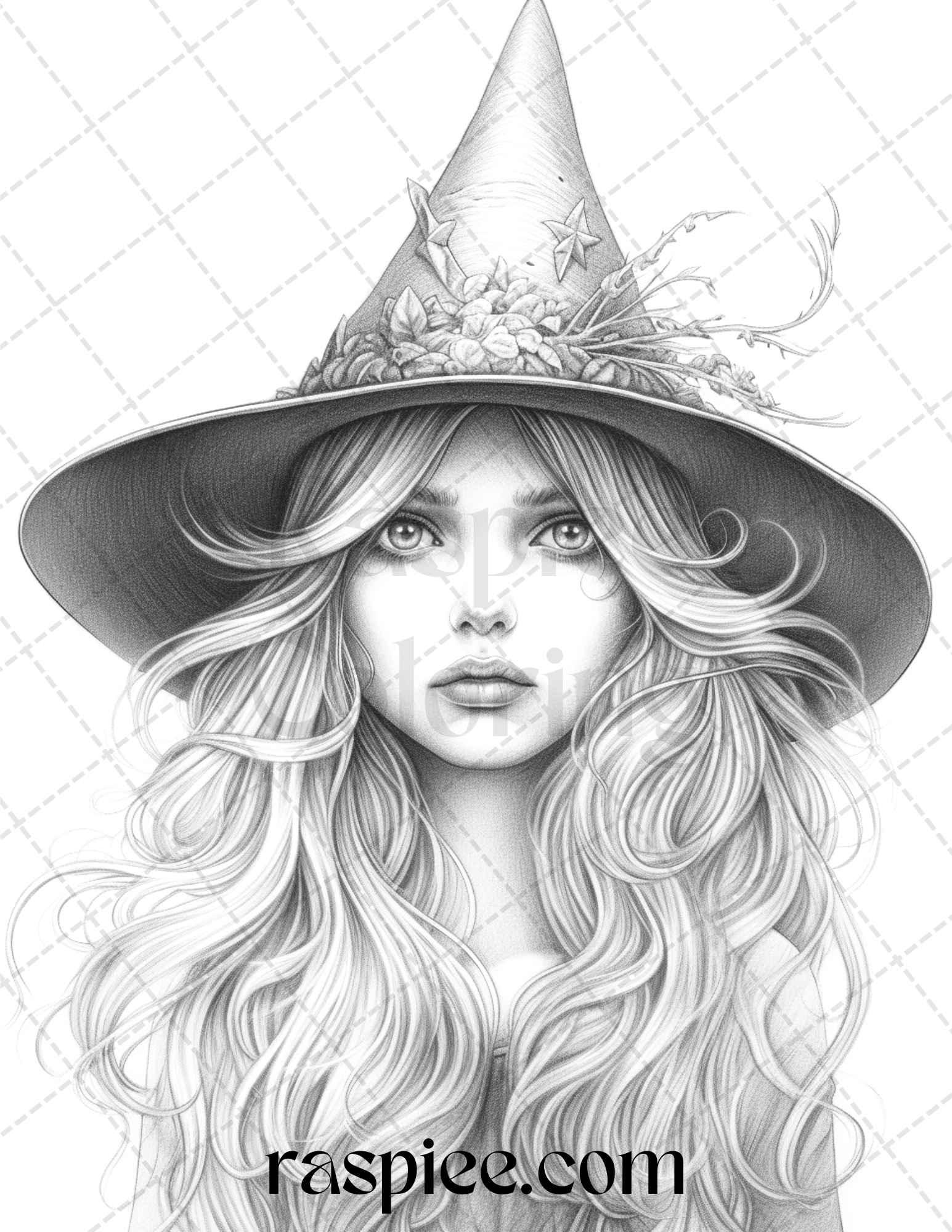 40 Beautiful Witches Grayscale Coloring Pages Printable for Adults, PDF File Instant Download