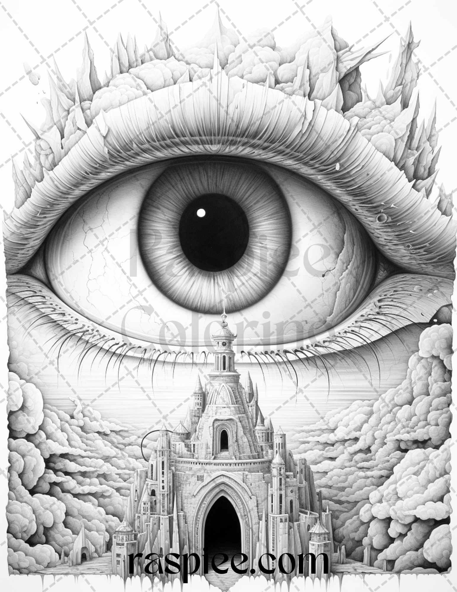 40 Surrealism Eyes Grayscale Coloring Pages Printable for Adults, PDF File Instant Download