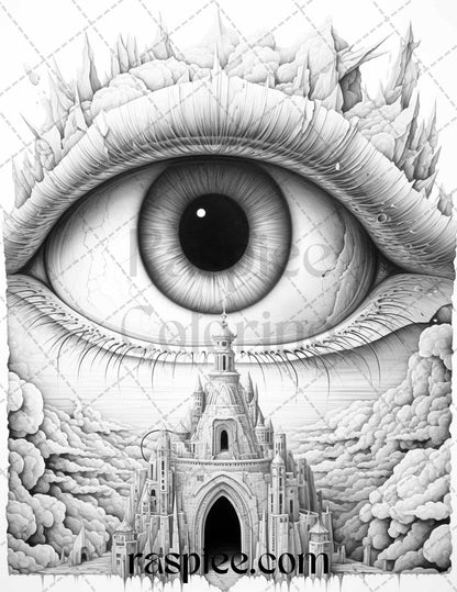 40 Surrealism Eyes Grayscale Coloring Pages Printable for Adults, PDF File Instant Download