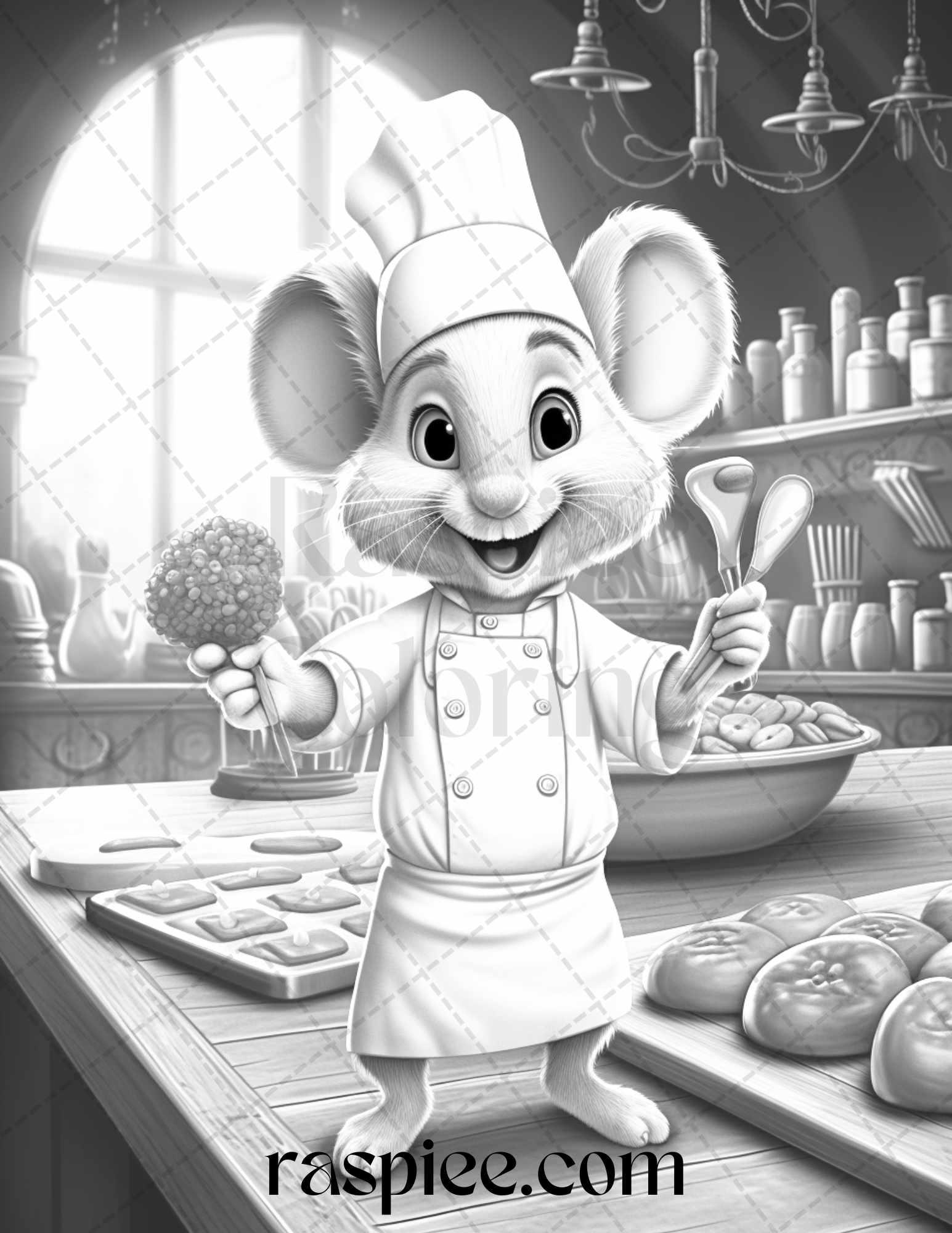 45 Mouse Chef Grayscale Coloring Pages Printable for Adults, PDF File Instant Download