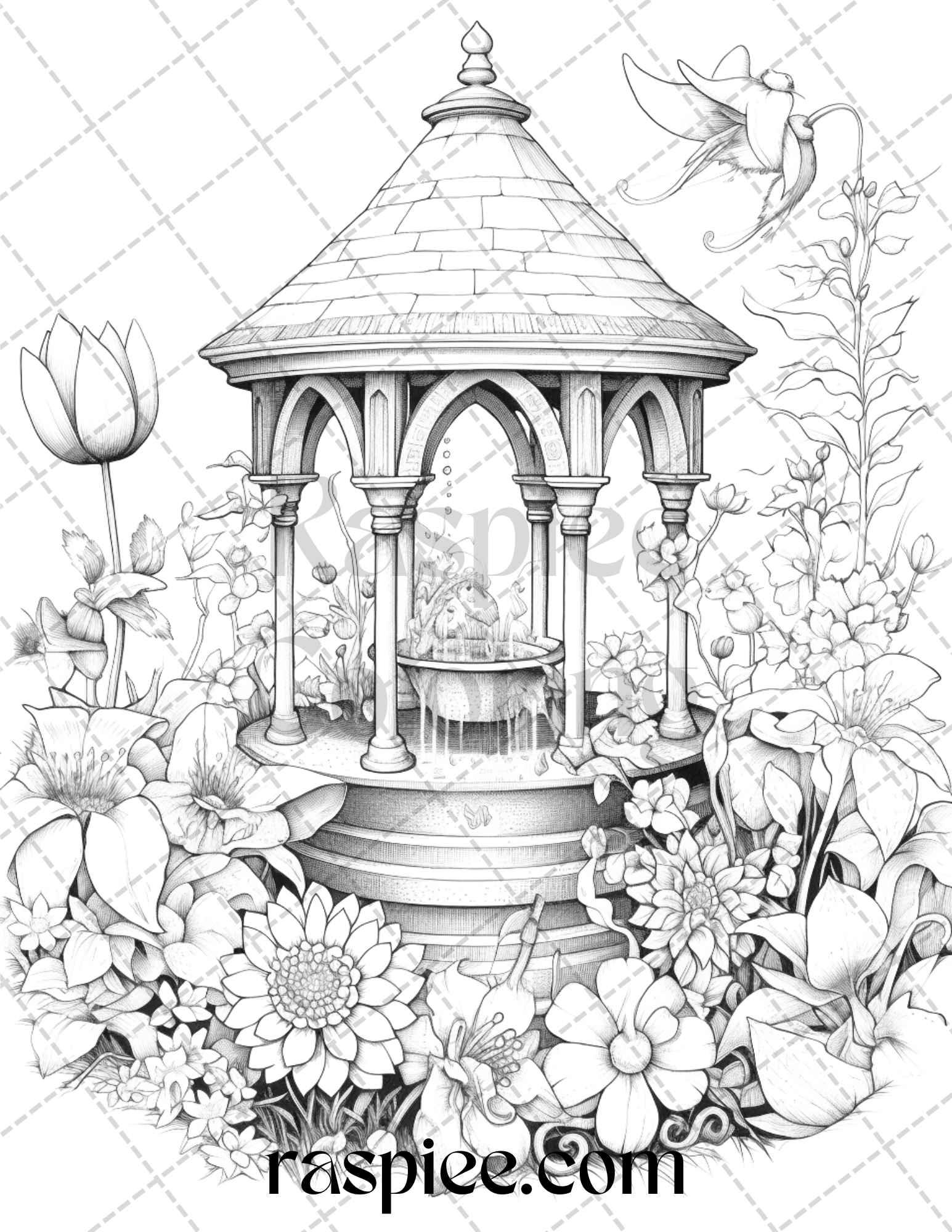 40 Whimsical Wishing Wells Grayscale Coloring Pages Printable for Adults, PDF File Instant Download