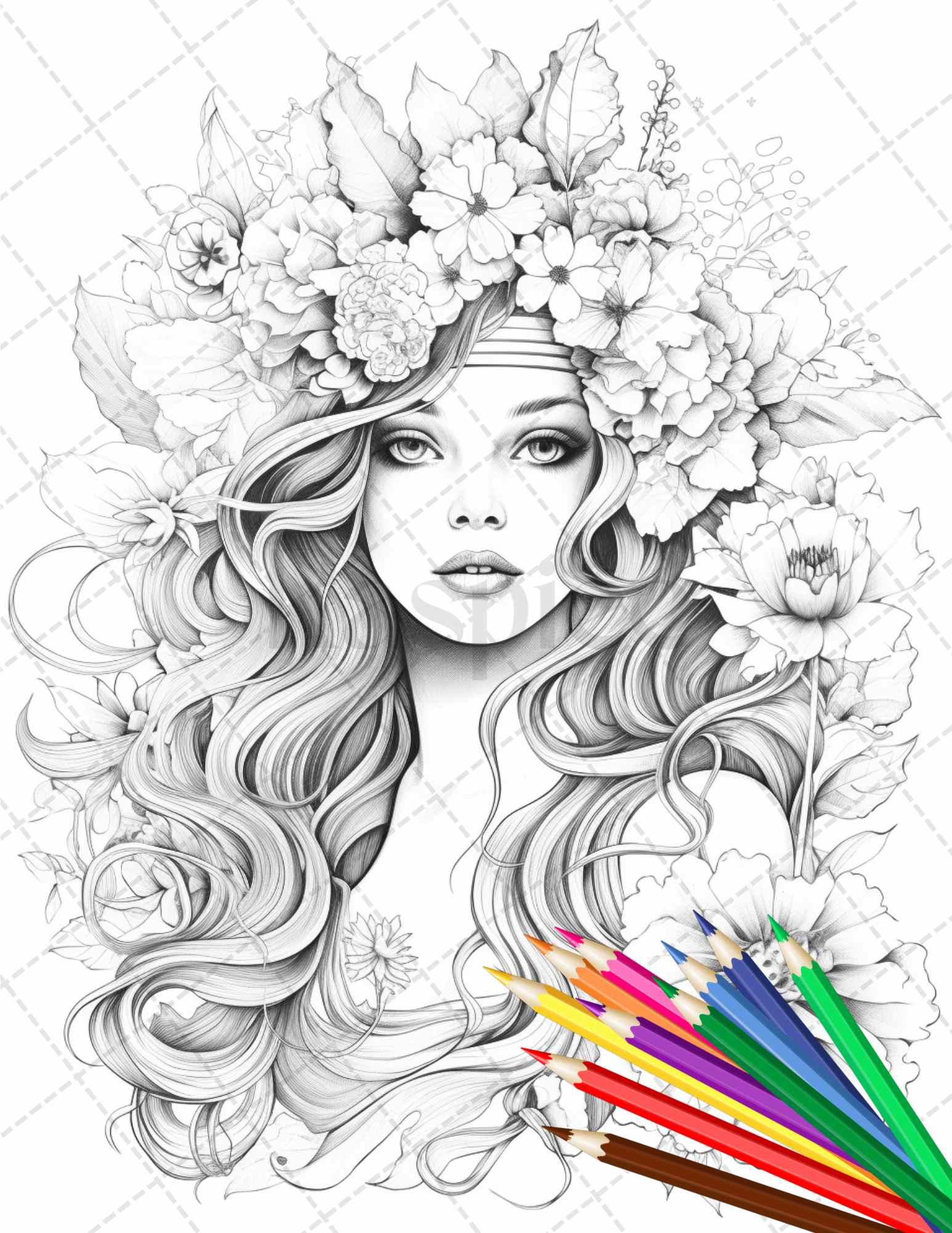 38 Flower Goddess Coloring Pages Printable for Adults, Grayscale Coloring Page, PDF File Instant Download