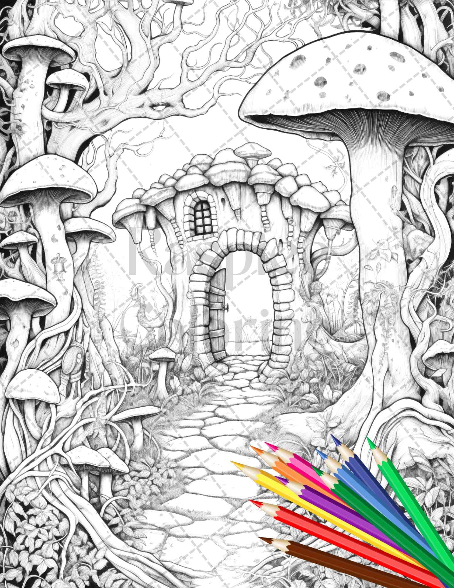 40 Magical Forest Gates Grayscale Coloring Pages Printable for Adults, PDF File Instant Download