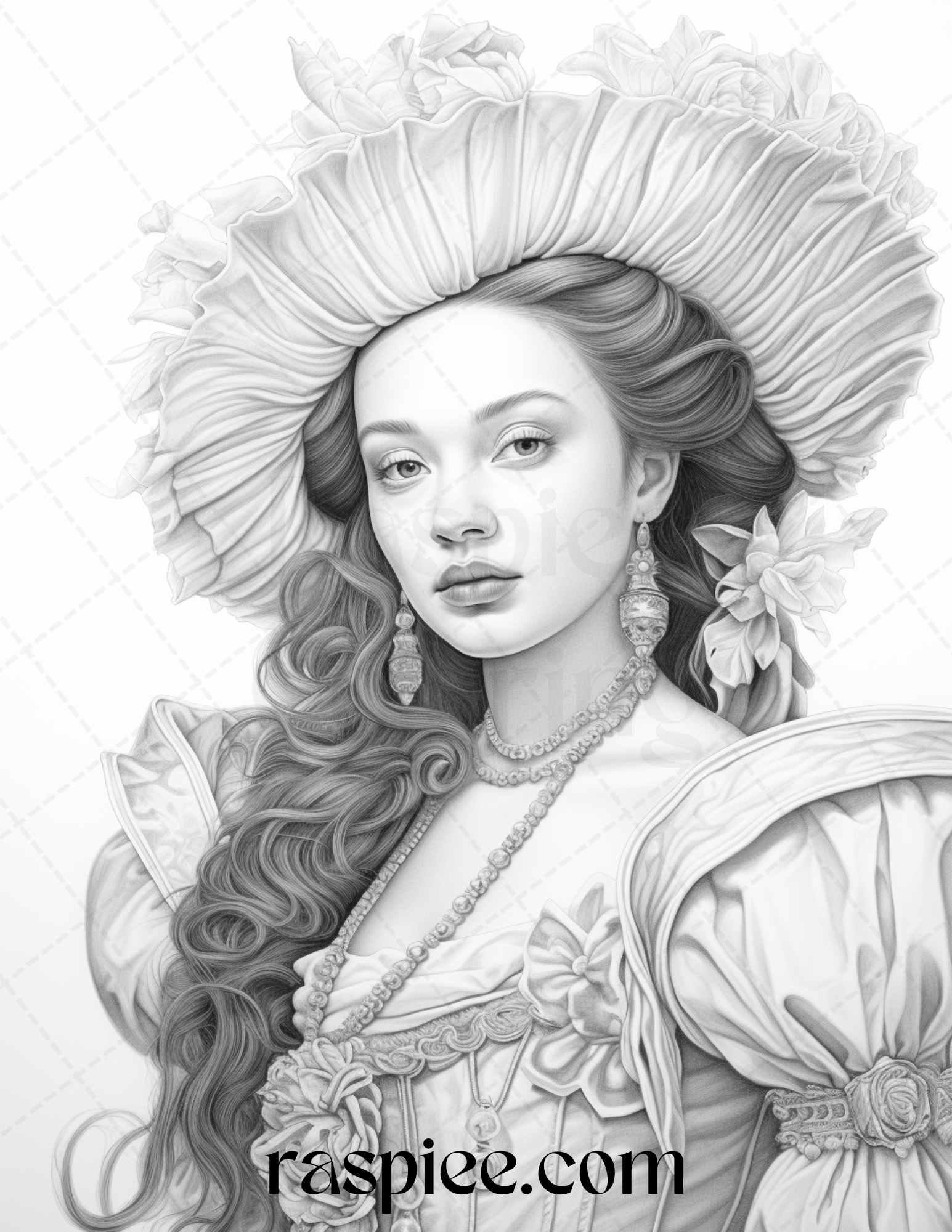 40 Baroque Women Portrait Grayscale Adult Coloring Pages Printable, PDF File Instant Download