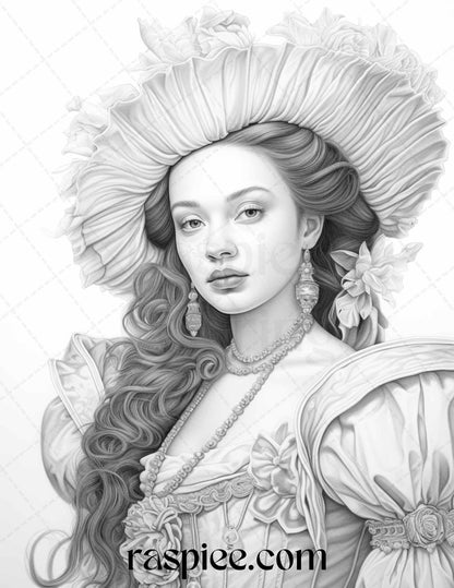 40 Baroque Women Portrait Grayscale Adult Coloring Pages Printable, PDF File Instant Download