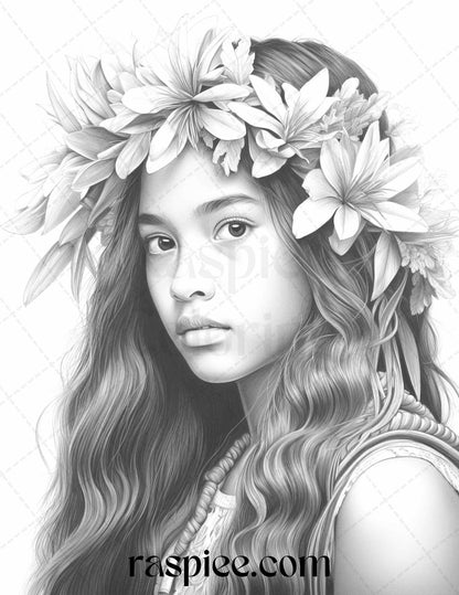 40 Hawaiian Girls Grayscale Coloring Pages Printable for Adults, PDF File Instant Download