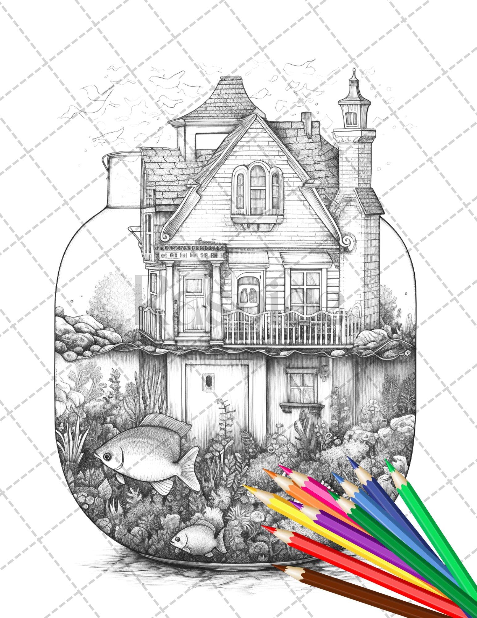 34 Fishtank Houses Coloring Book for Adults, Grayscale Coloring Page, Printable PDF Instant Download