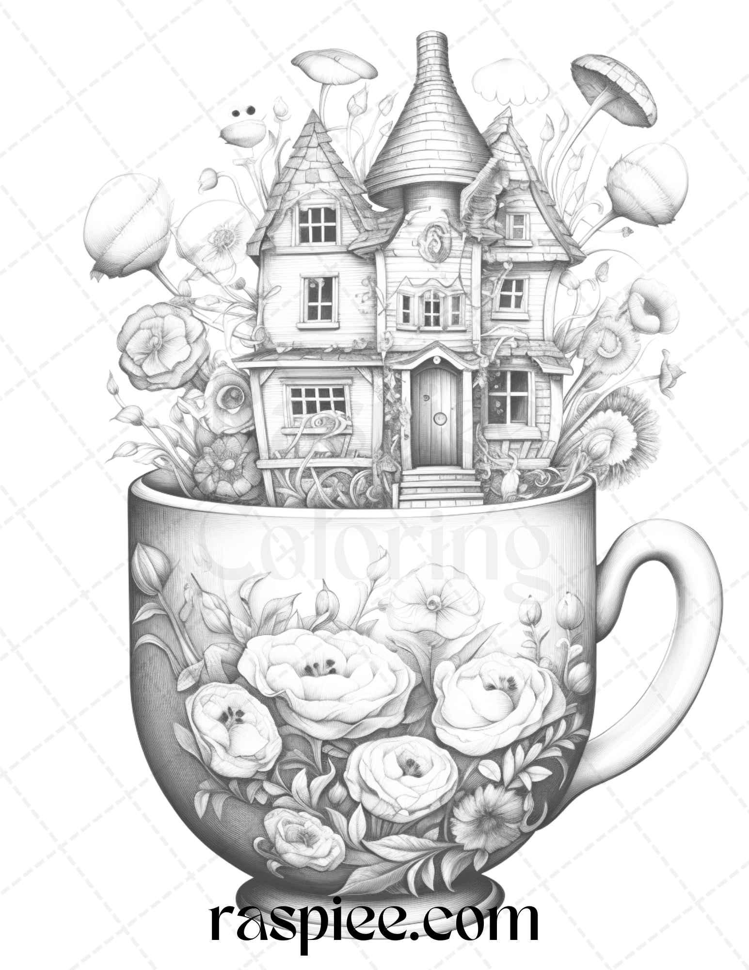 40 Flower Teacup Fairy Houses Grayscale Coloring Pages Printable for Adults, PDF File Instant Download