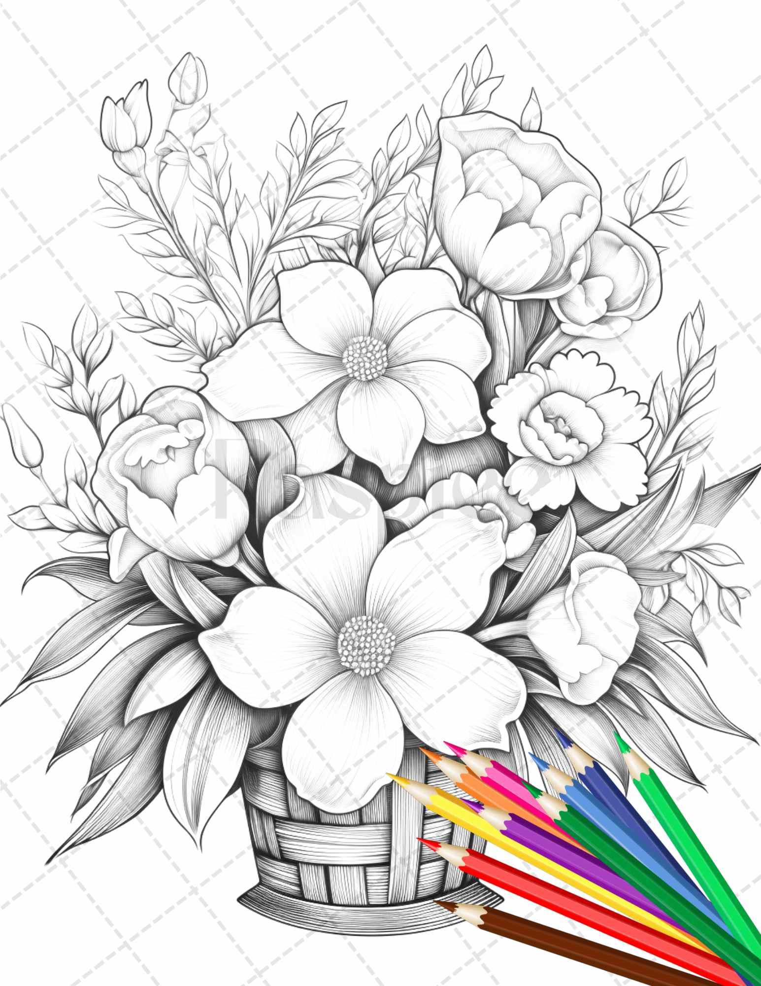 30 Flower Baskets Grayscale Coloring Pages for Adults, PDF File Instant Download