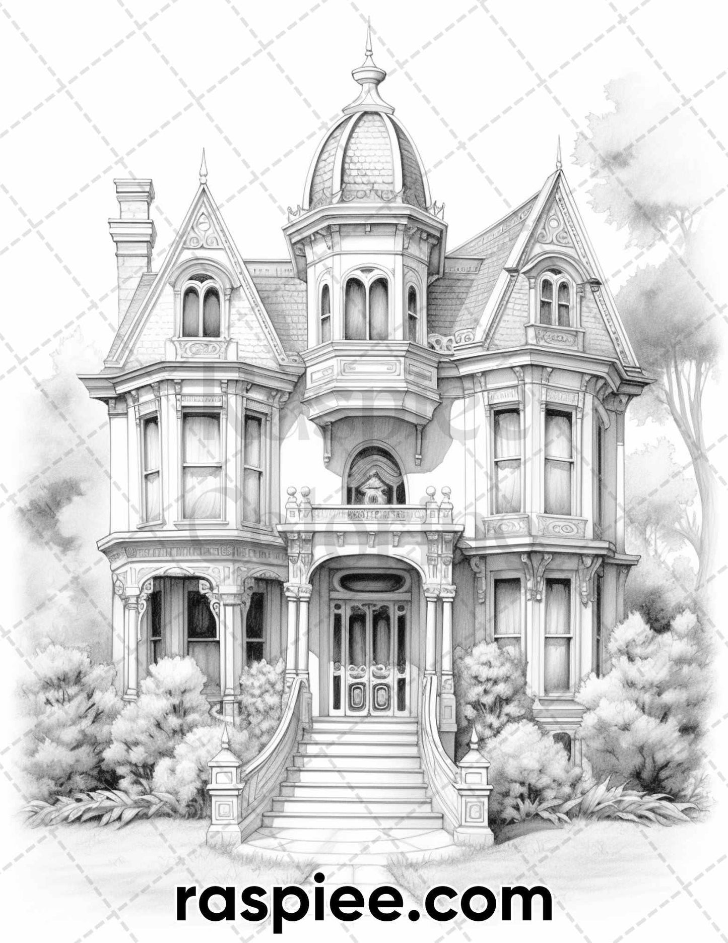 40 Victorian Mansions Grayscale Coloring Pages for Adults, Printable PDF Instant Download