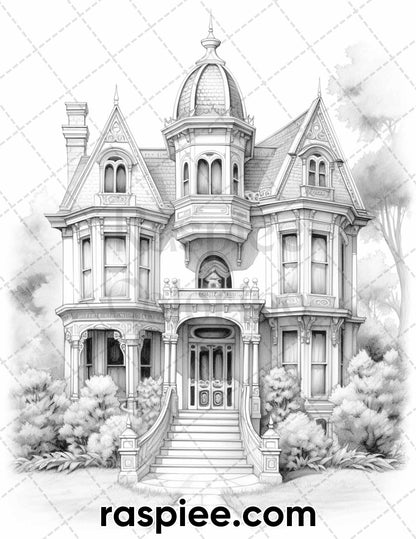 40 Victorian Mansions Grayscale Coloring Pages for Adults, Printable PDF Instant Download