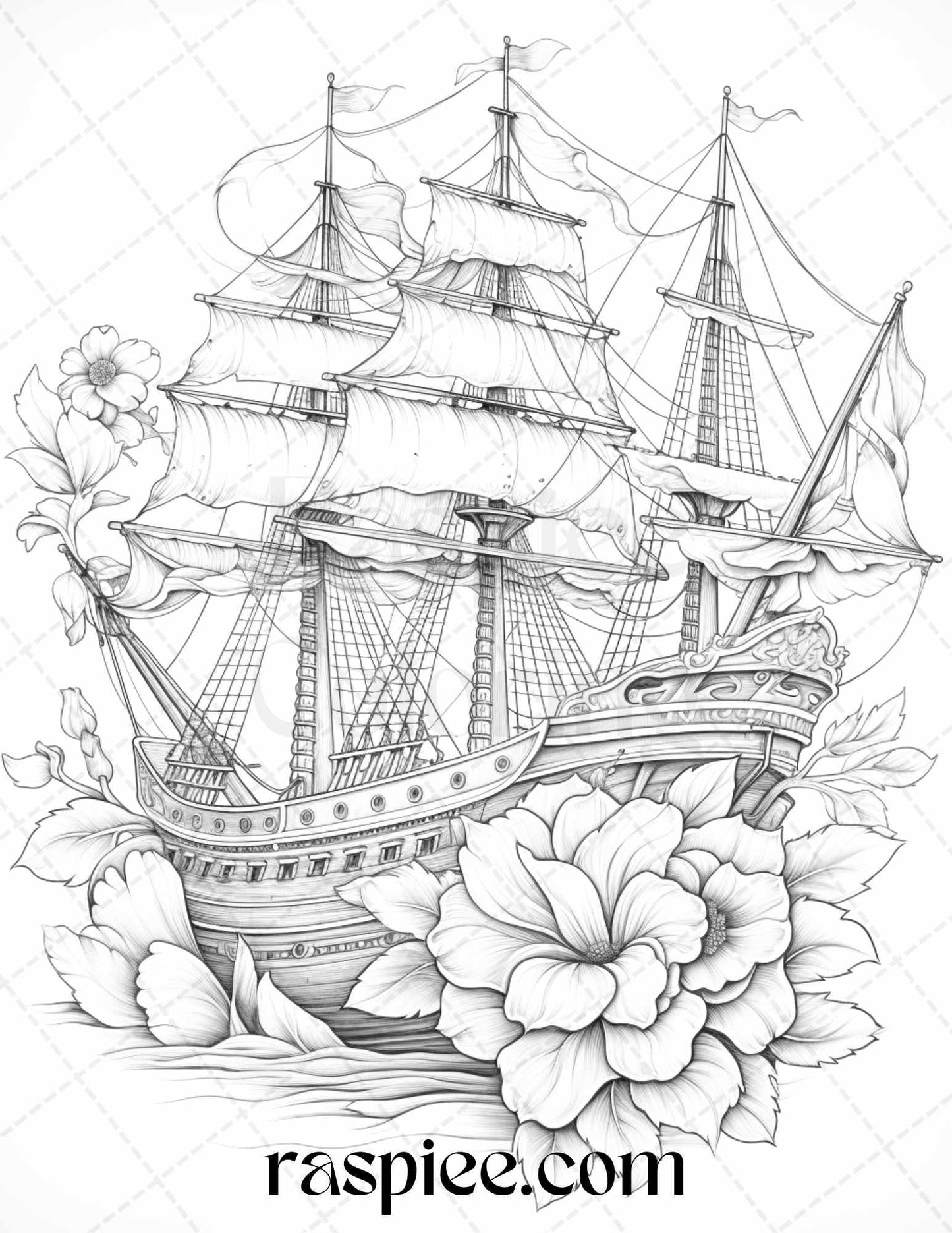 44 Flower Ships Graysale Coloring Pages Printable for Adults, PDF File Instant Download