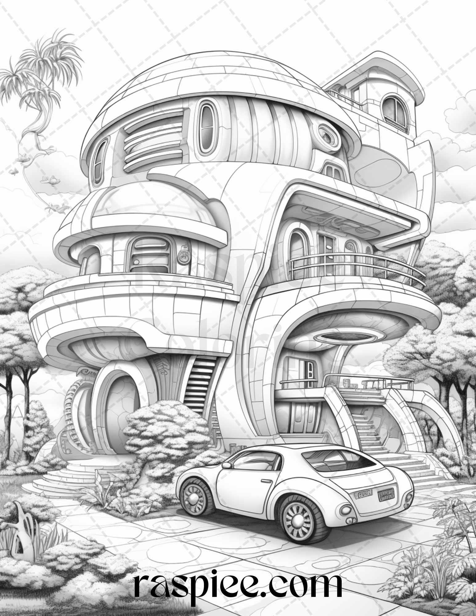 43 Futuristic Houses Grayscale Coloring Pages Printable for Adults, PDF File Instant Download