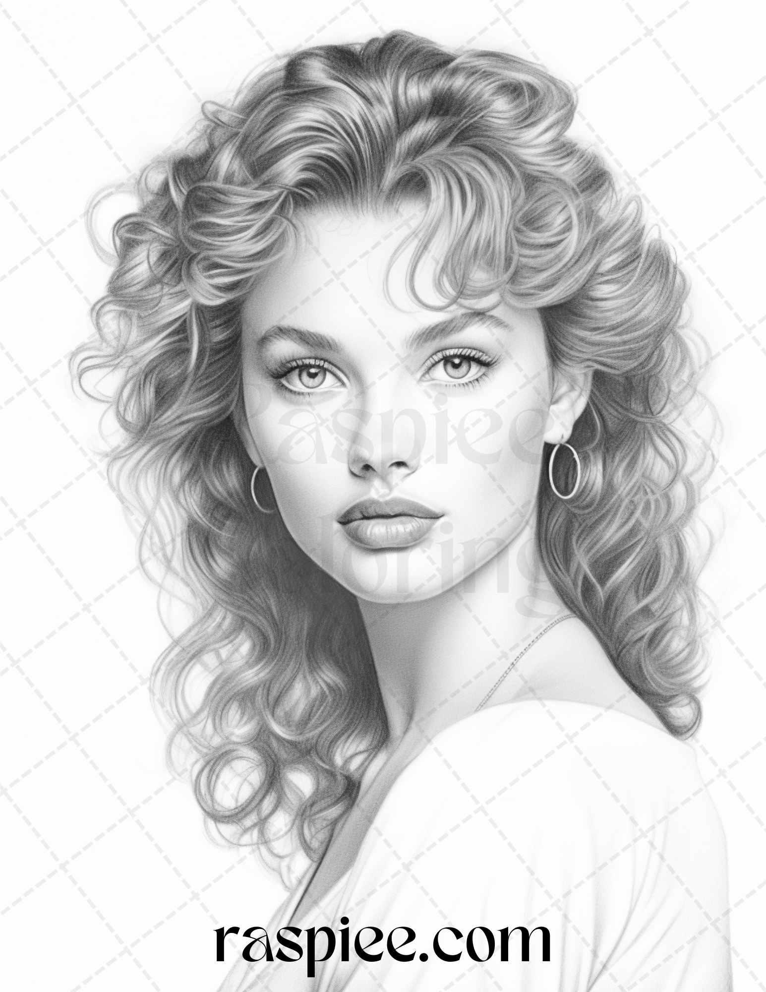 1980s Retro Beautiful Women Grayscale Coloring Pages for Adults, PDF File Instant Download