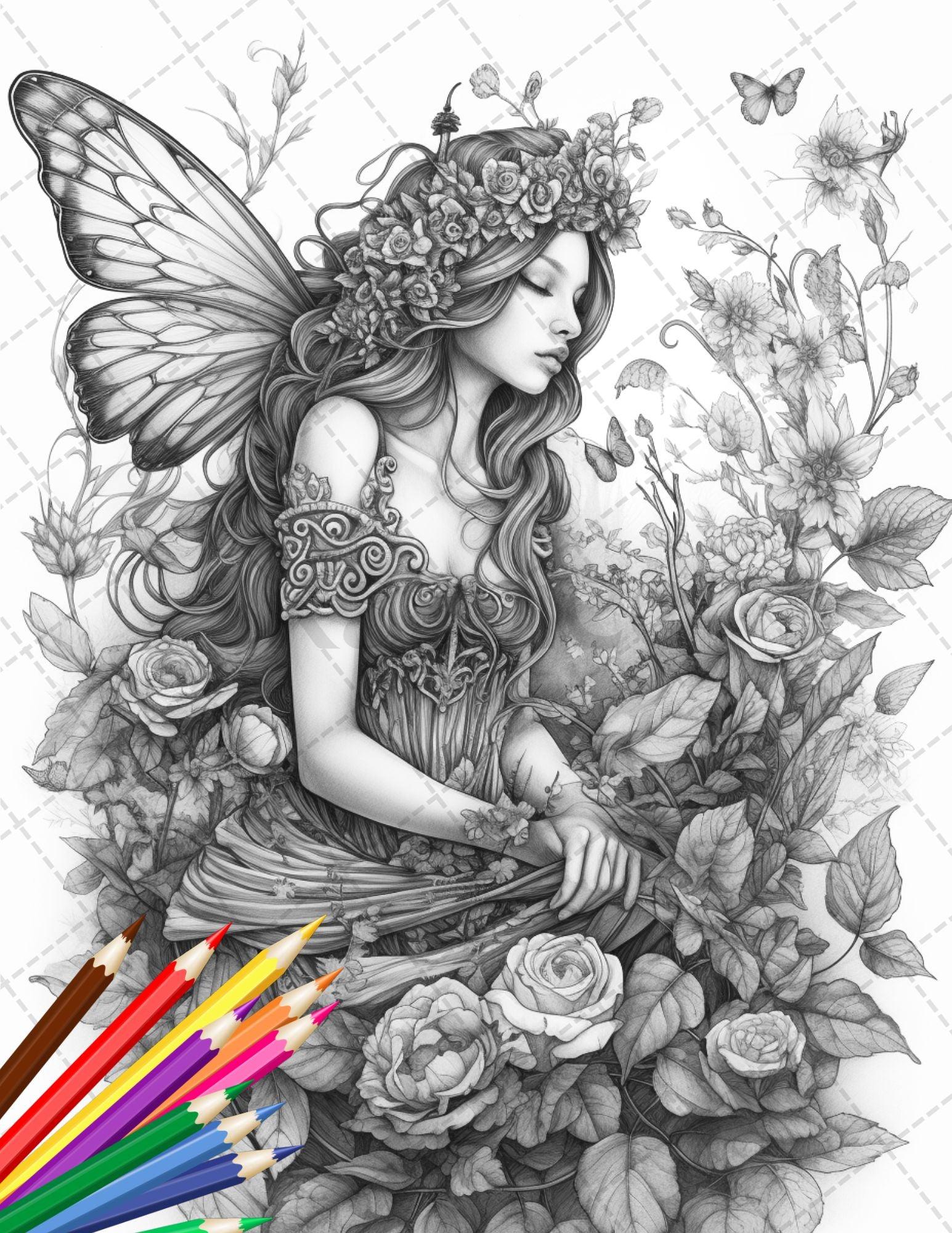 30 Beautiful Fairies Coloring Page Book for Adults, Flower Fairy Grayscale Coloring Book, Fairy Coloring Sheets, Printable PDF File Download