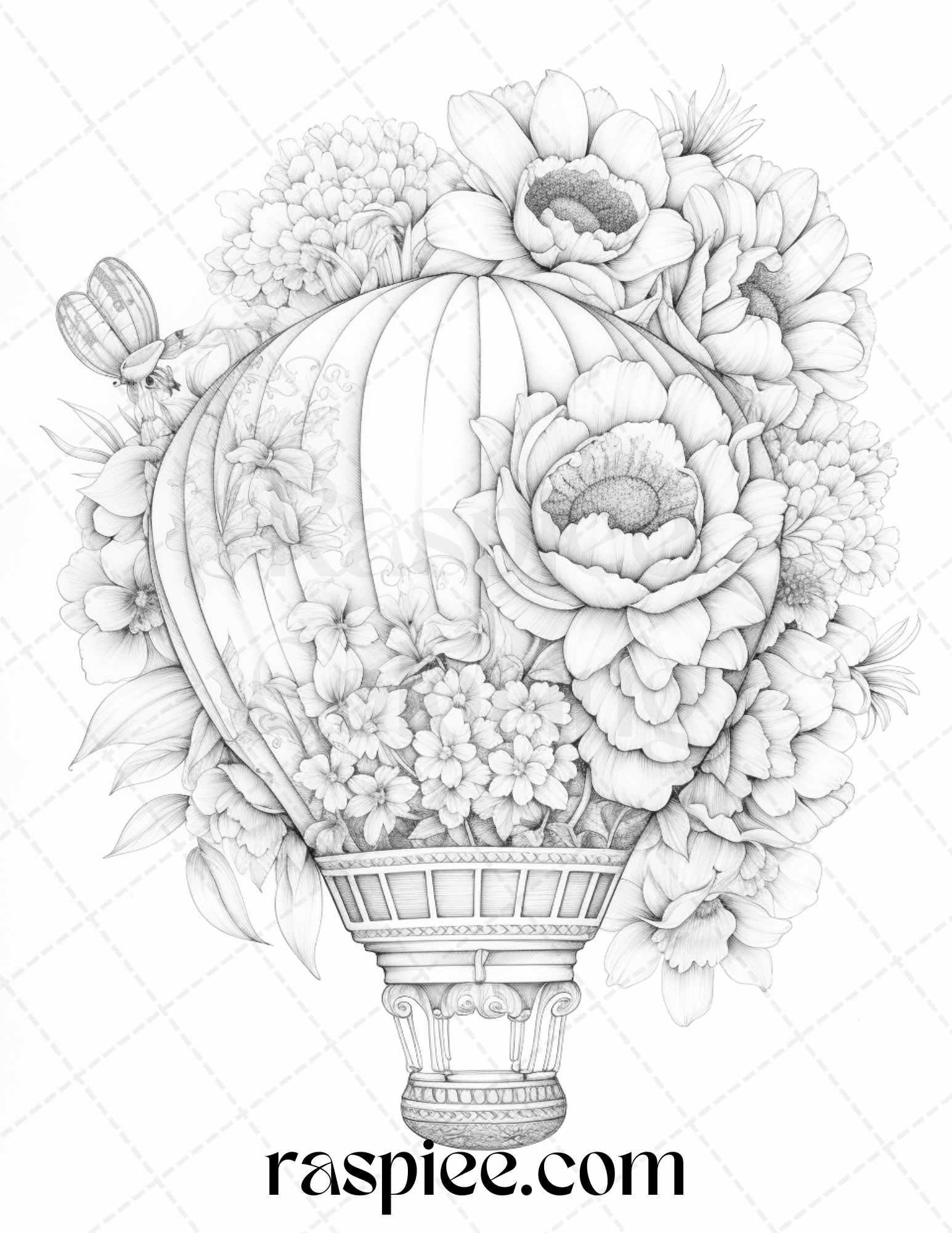 42 Flower Hot Air Balloons Grayscale Coloring Pages Printable for Adults, PDF File Instant Download