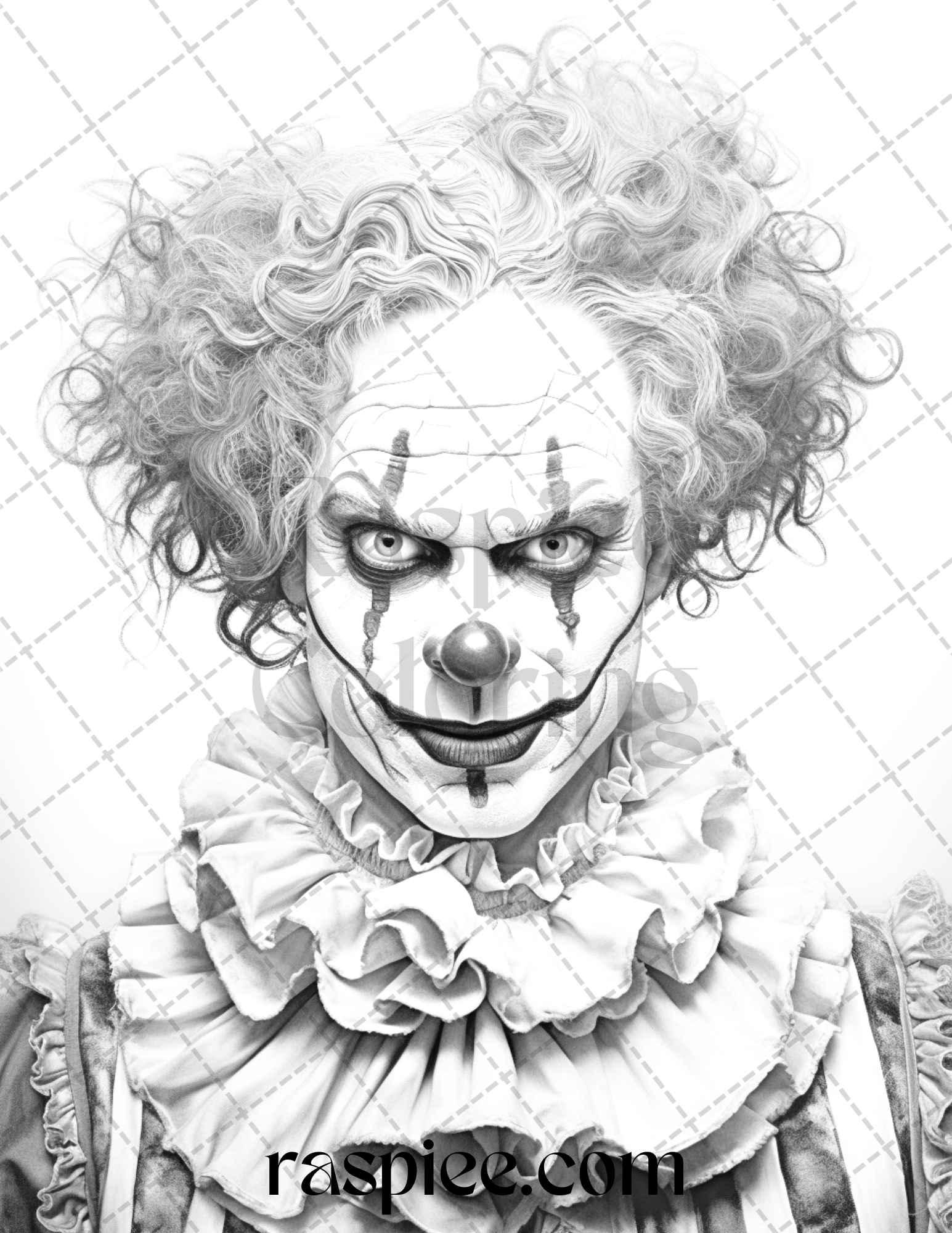 40 Spooky Clowns Grayscale Coloring Pages Printable for Adults, PDF File Instant Download