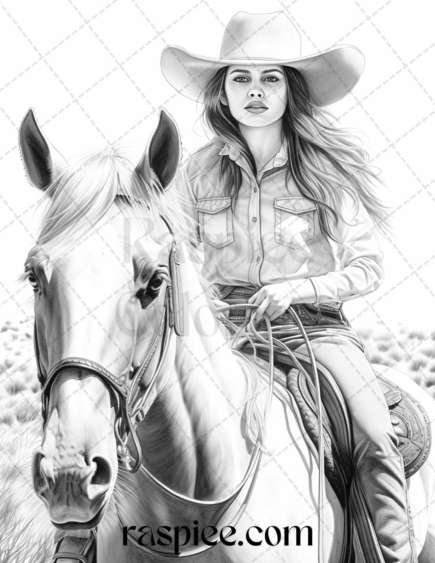 40 Beautiful Cowgirls Grayscale Coloring Pages Printable for Adults, PDF File Instant Download