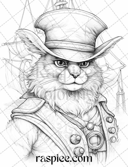 40 Pirate Animals Grayscale Coloring Pages Printable for Adults, PDF File Instant Download