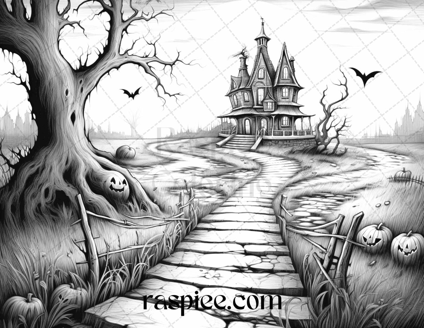 40 Halloween Landscapes Grayscale Coloring Pages Printable for Adults, PDF File Instant Download