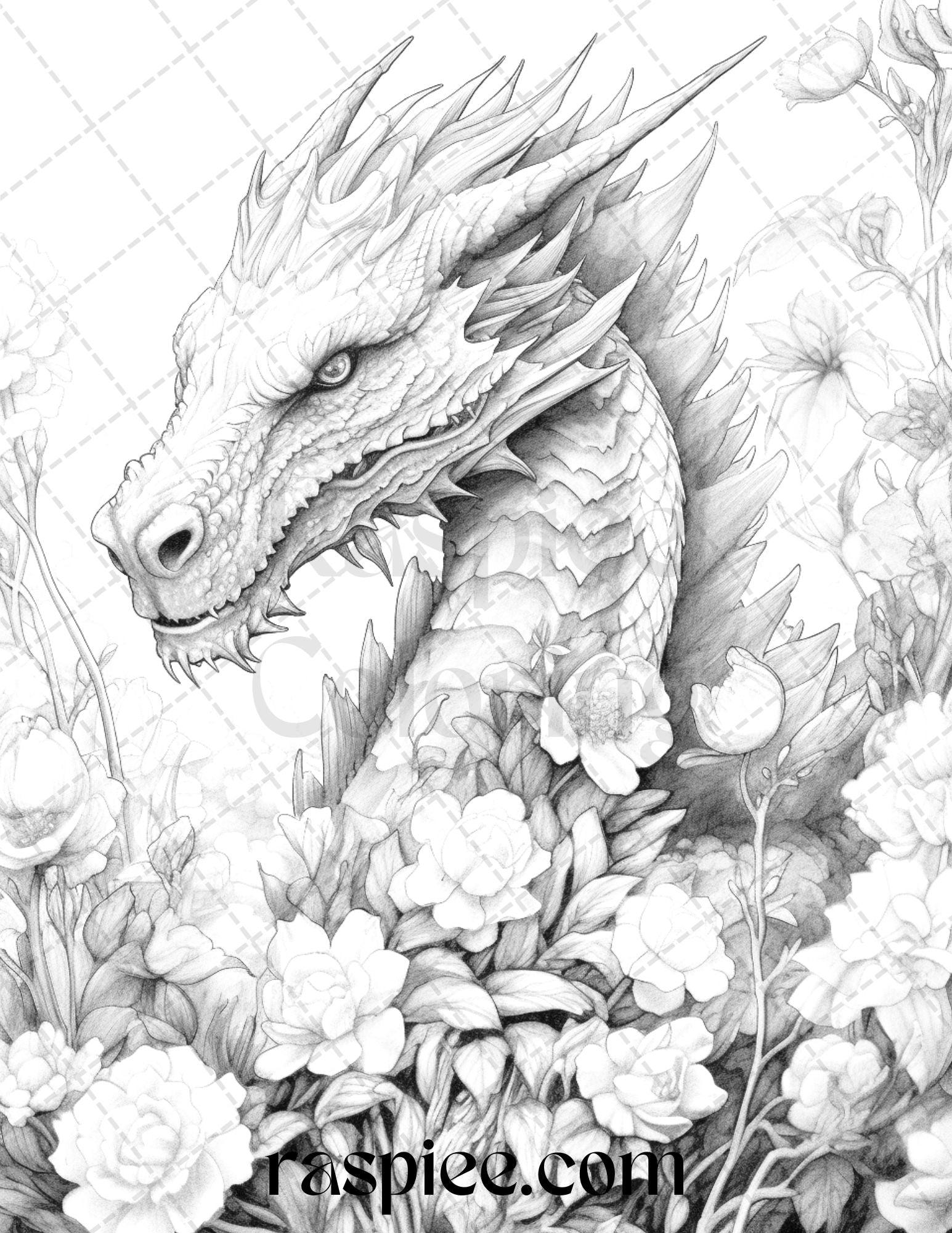 40 Flower Dragon Grayscale Coloring Pages Printable for Adults, PDF File Instant Download