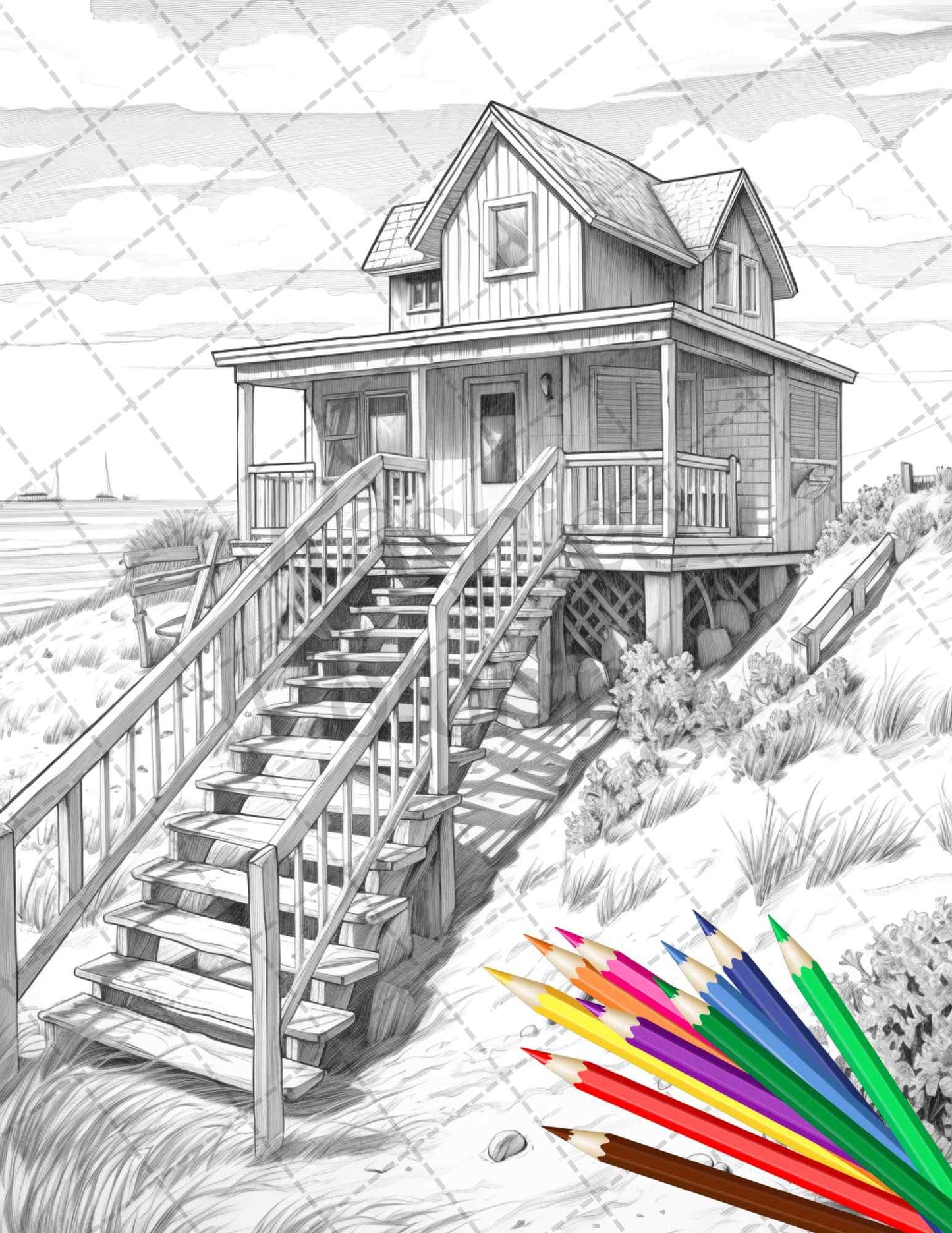 42 Wooden Beach Houses Grayscale Coloring Pages Printable for Adults, PDF File Instant Download