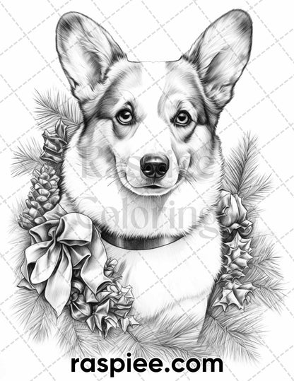 45 Christmas Dogs Grayscale Coloring Pages for Adults, Printable PDF Instant Download