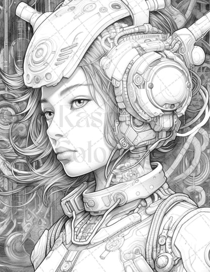 40 Beautiful Cyborg Girls Grayscale Coloring Pages Printable for Adults, PDF File Instant Download