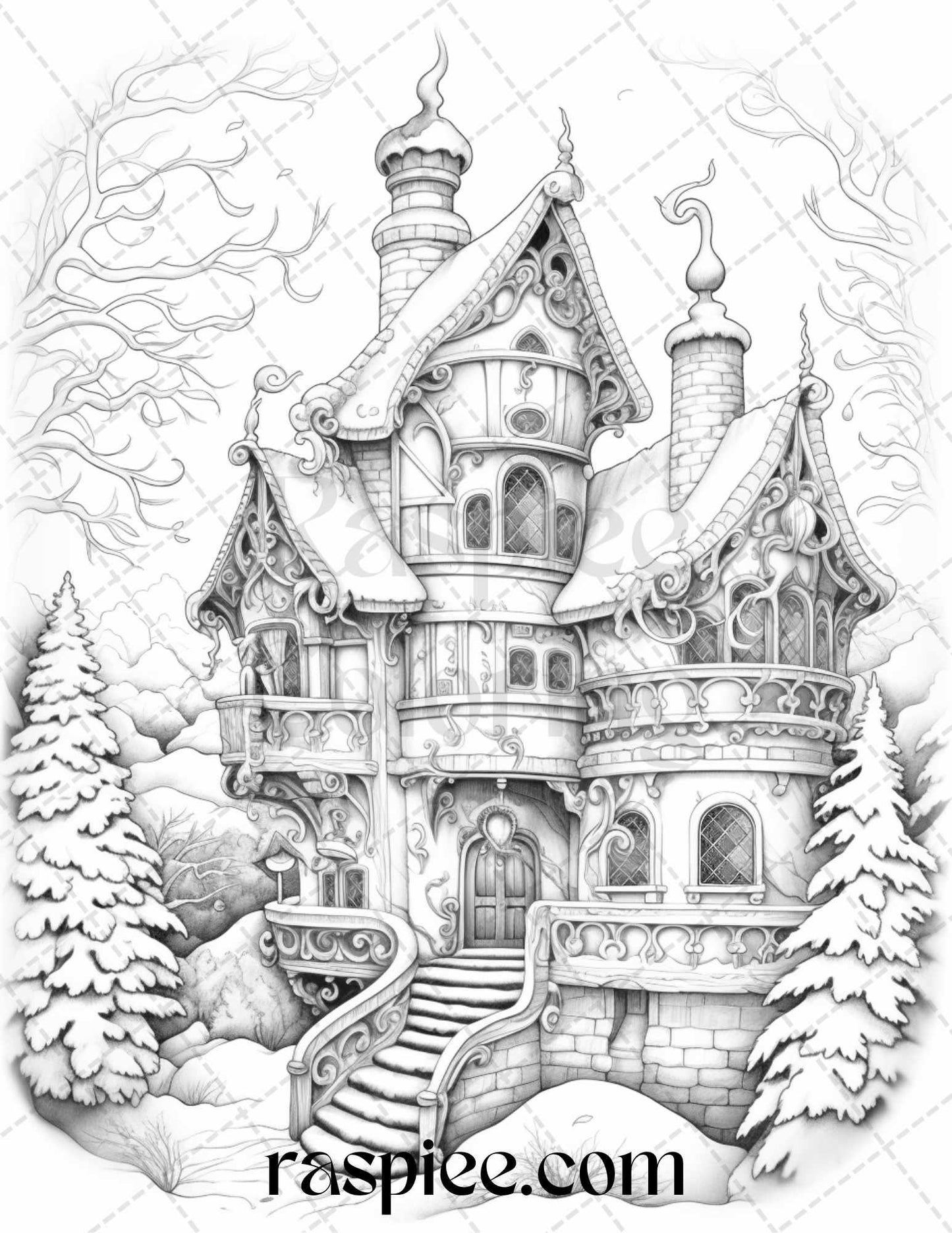 42 Fantasy Christmas Houses Grayscale Coloring Pages Printable for Adults, PDF File Instant Download