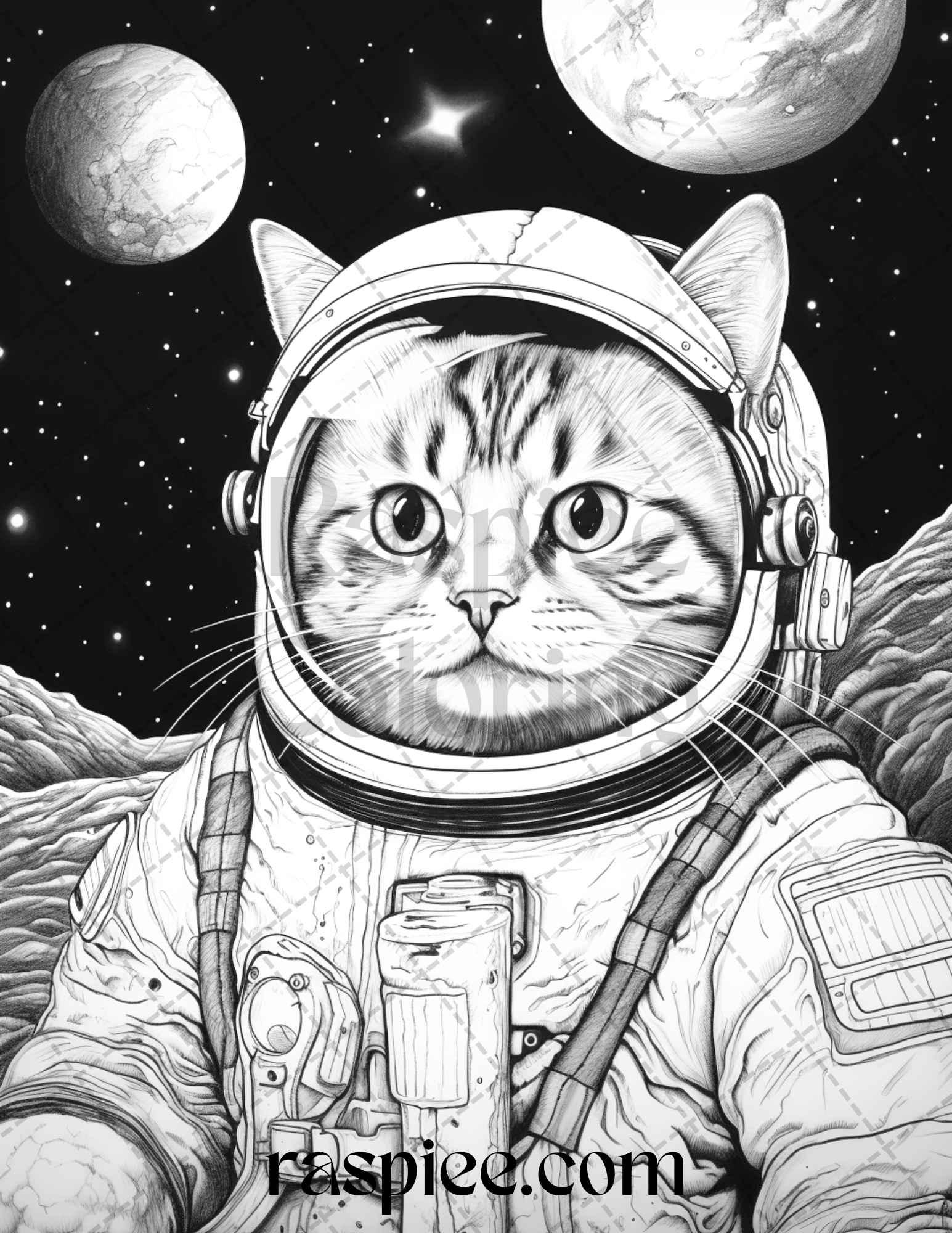 40 Cat Astronaut Grayscale Coloring Pages Printable for Adults Kids, PDF File Instant Download