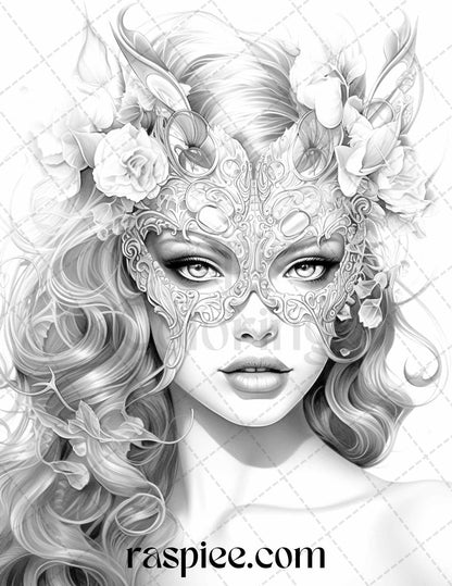 40 Masquerade Girls Grayscale Coloring Pages Printable for Adults, PDF File Instant Download