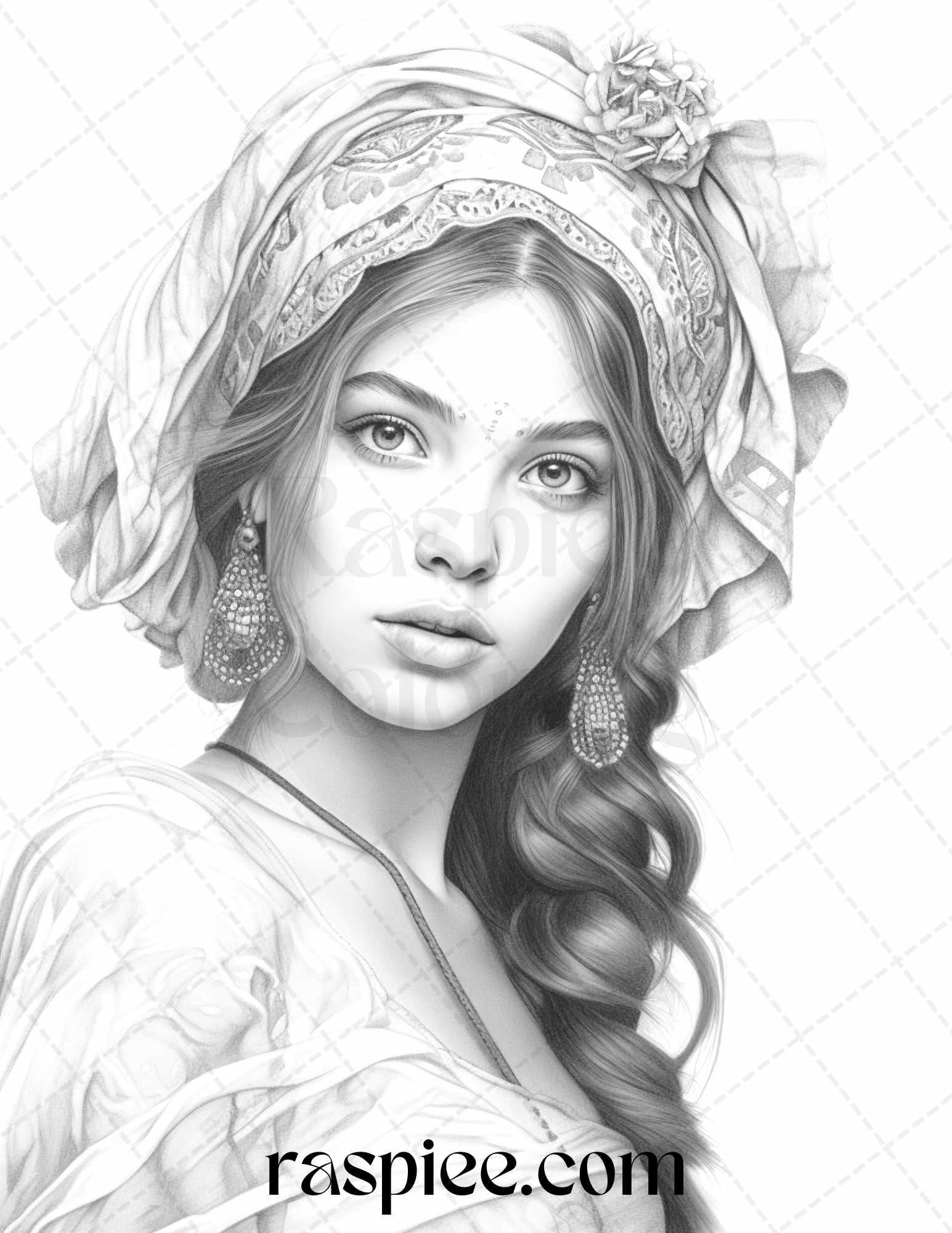 40 Beautiful Gypsy Girls Grayscale Coloring Pages Printable for Adults, PDF File Instant Download