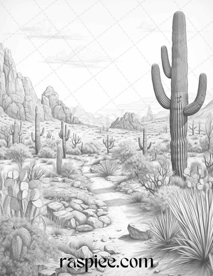 40 Desert Landscapes Grayscale Coloring Pages Printable for Adults, PDF File Instant Download