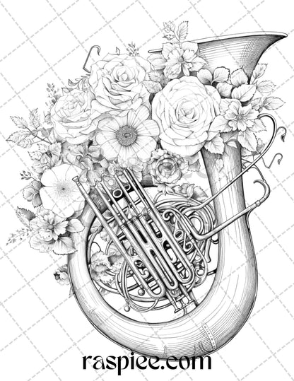 30 Musical Instrument Flower Grayscale Coloring Pages Printable for Adults, PDF File Instant Download