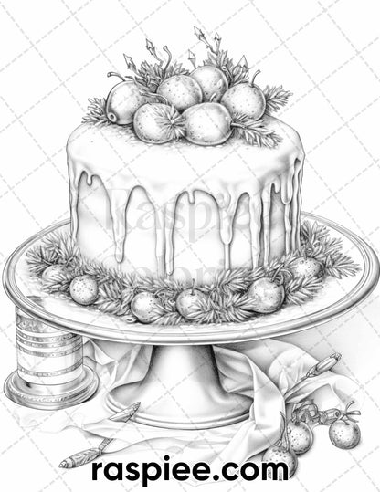 45 Christmas Cakes Grayscale Coloring Pages for Adults, Printable PDF File Instant Download