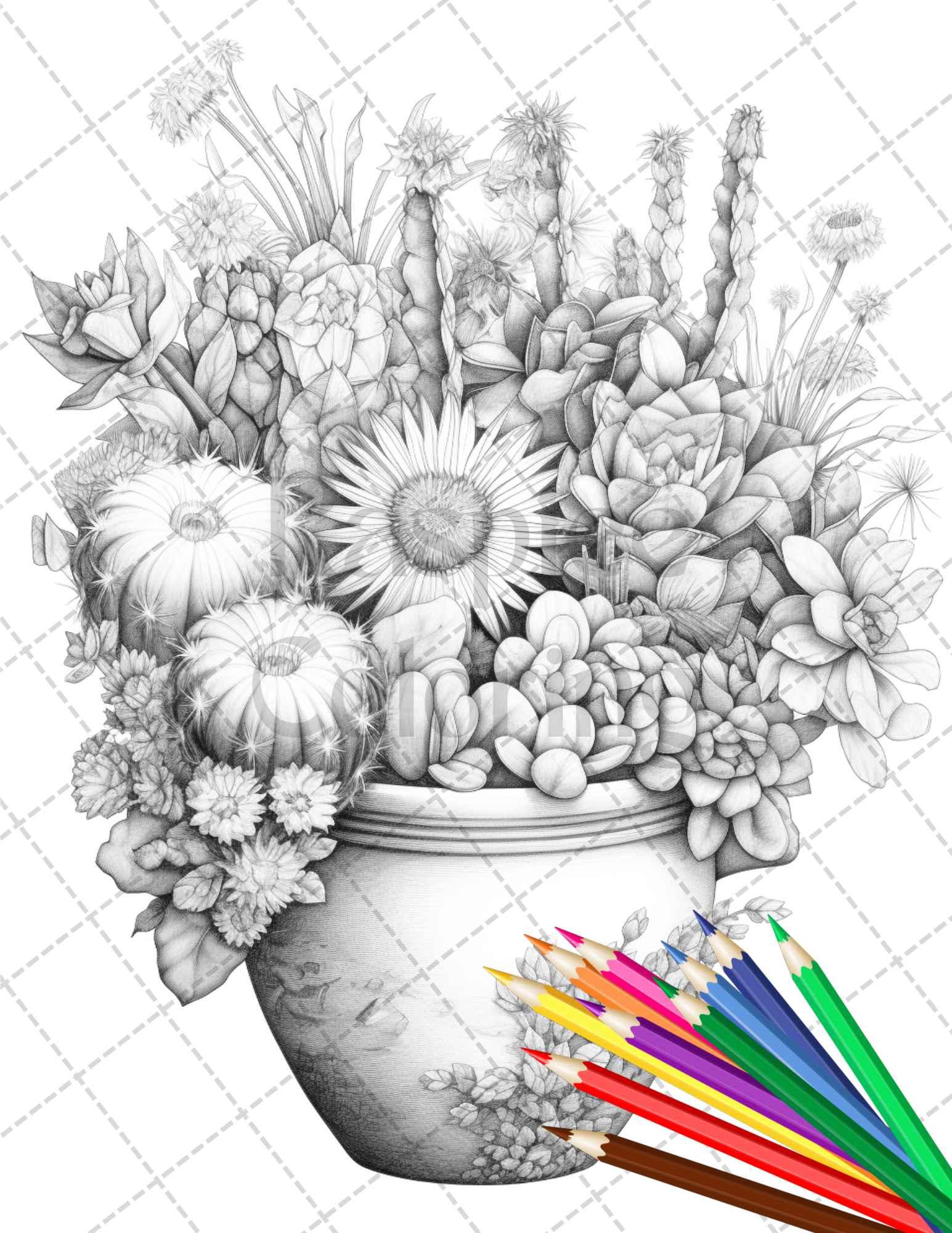 40 Charming Cactus Pots Grayscale Coloring Pages Printable for Adults, PDF File Instant Download