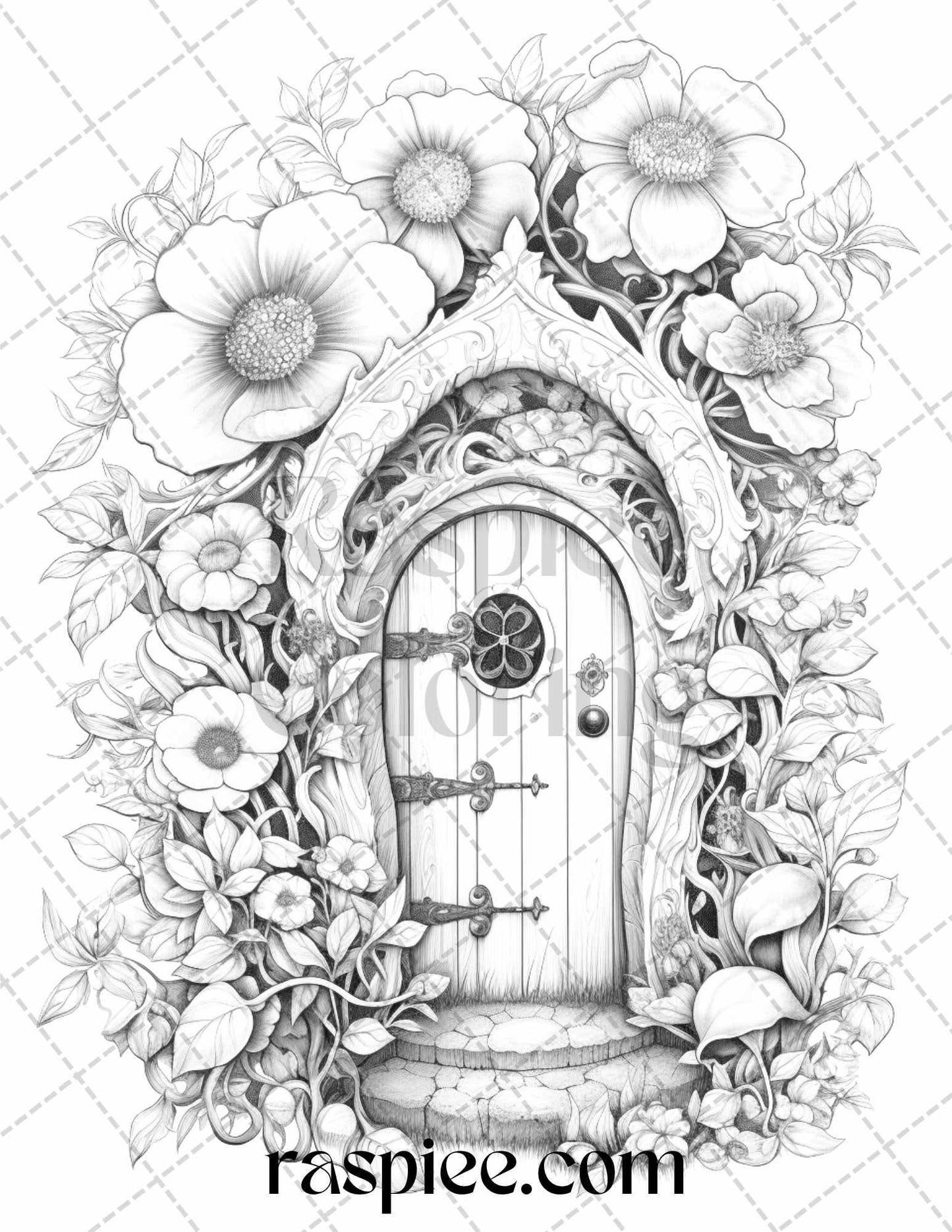 40 Flower Fairy Doors Grayscale Coloring Pages Printable for Adults, PDF File Instant Download