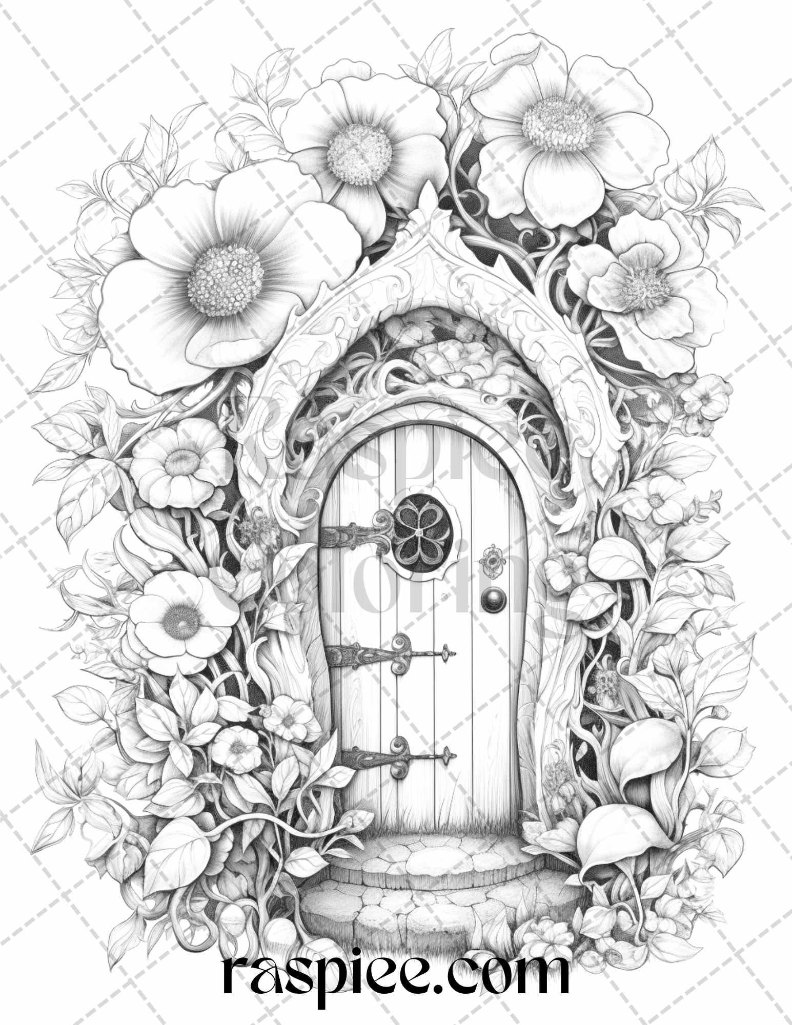 40 Flower Fairy Doors Grayscale Coloring Pages Printable for Adults, PDF File Instant Download