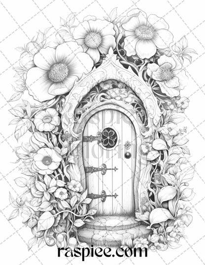 40 Flower Fairy Doors Grayscale Coloring Pages Printable for Adults, PDF File Instant Download