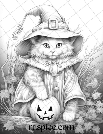 40 Halloween Witch Cat Grayscale Coloring Pages Printable for Adults, PDF File Instant Download