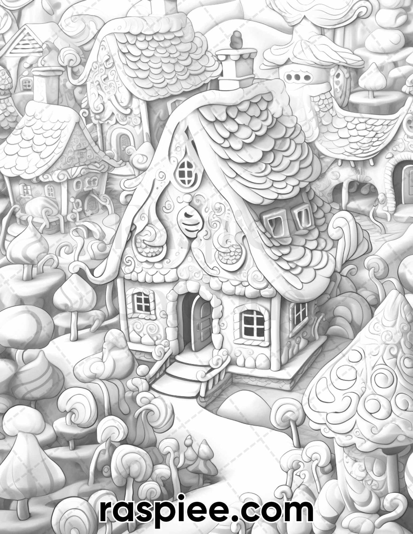 40 Gingerbread Village Grayscale Coloring Pages for Adults, Printable PDF Instant Download