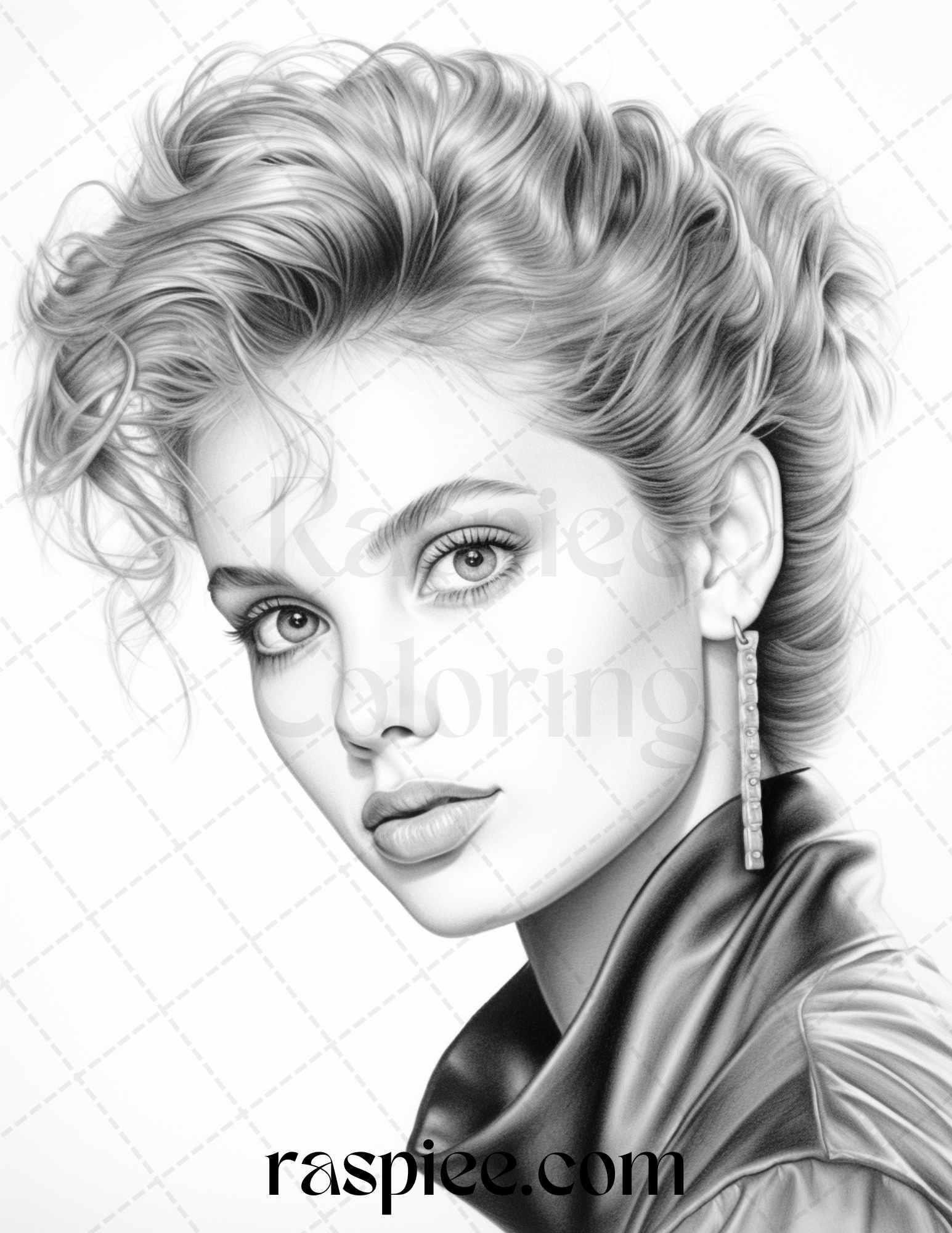 1980s Retro Beautiful Women Grayscale Coloring Pages for Adults, PDF File Instant Download