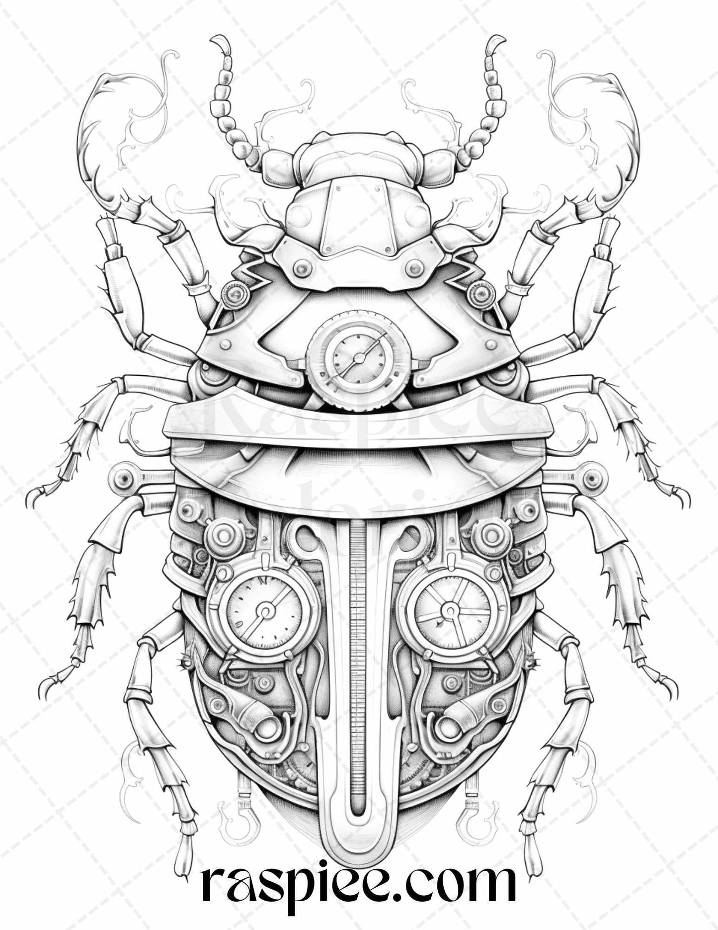 42 Steampunk Bugs Grayscale Coloring Pages Printable for Adults, PDF File Instant Download