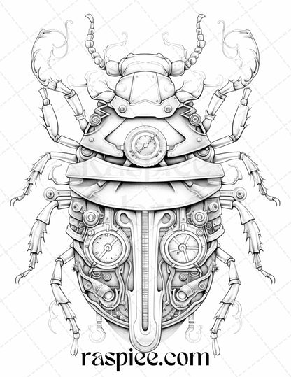 42 Steampunk Bugs Grayscale Coloring Pages Printable for Adults, PDF File Instant Download